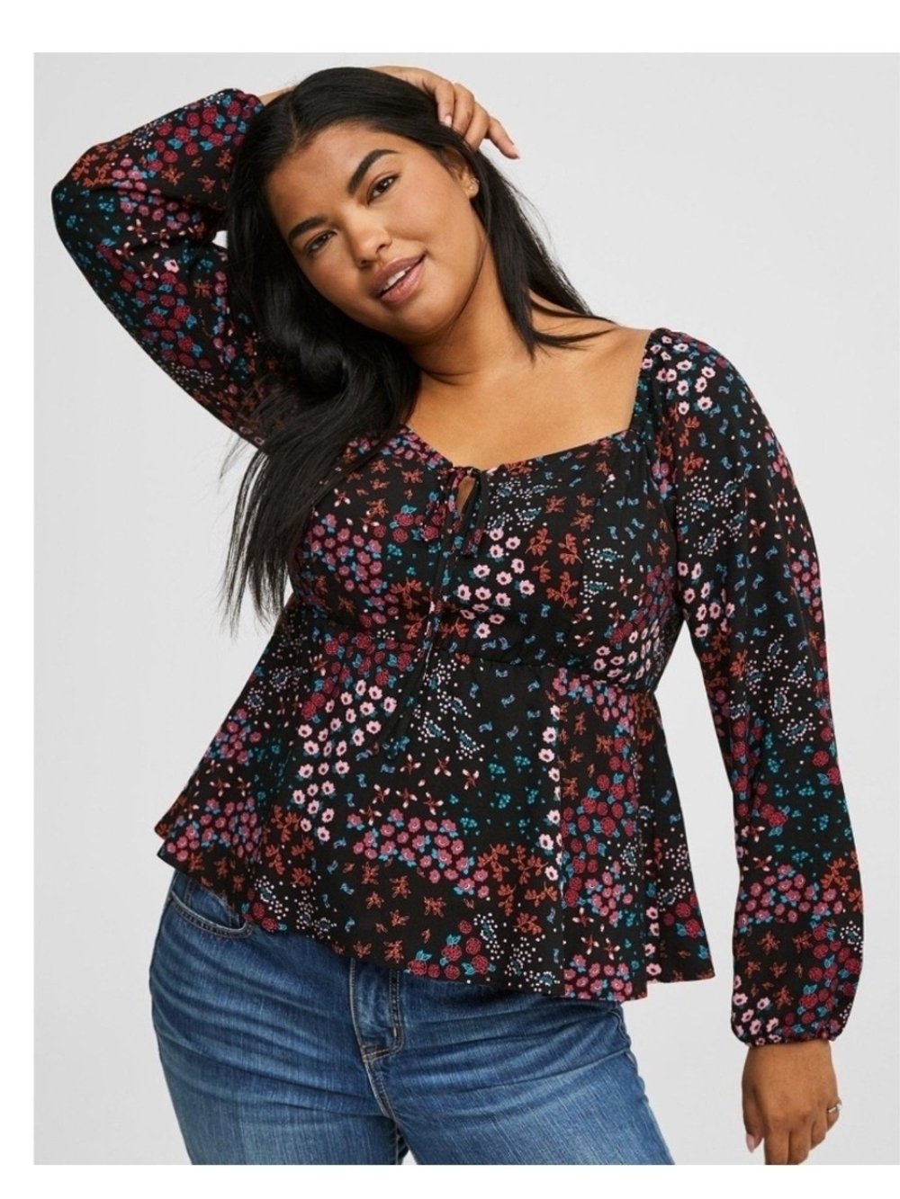 Torrid 2 Square-Neck Long-Sleeve Peplum Top in Black Multicolored Floral